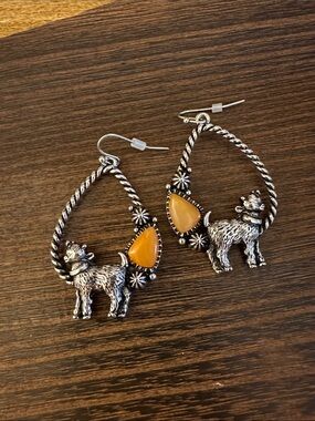 Boho Silver Goat Drop Earrings with Amber Teardrop